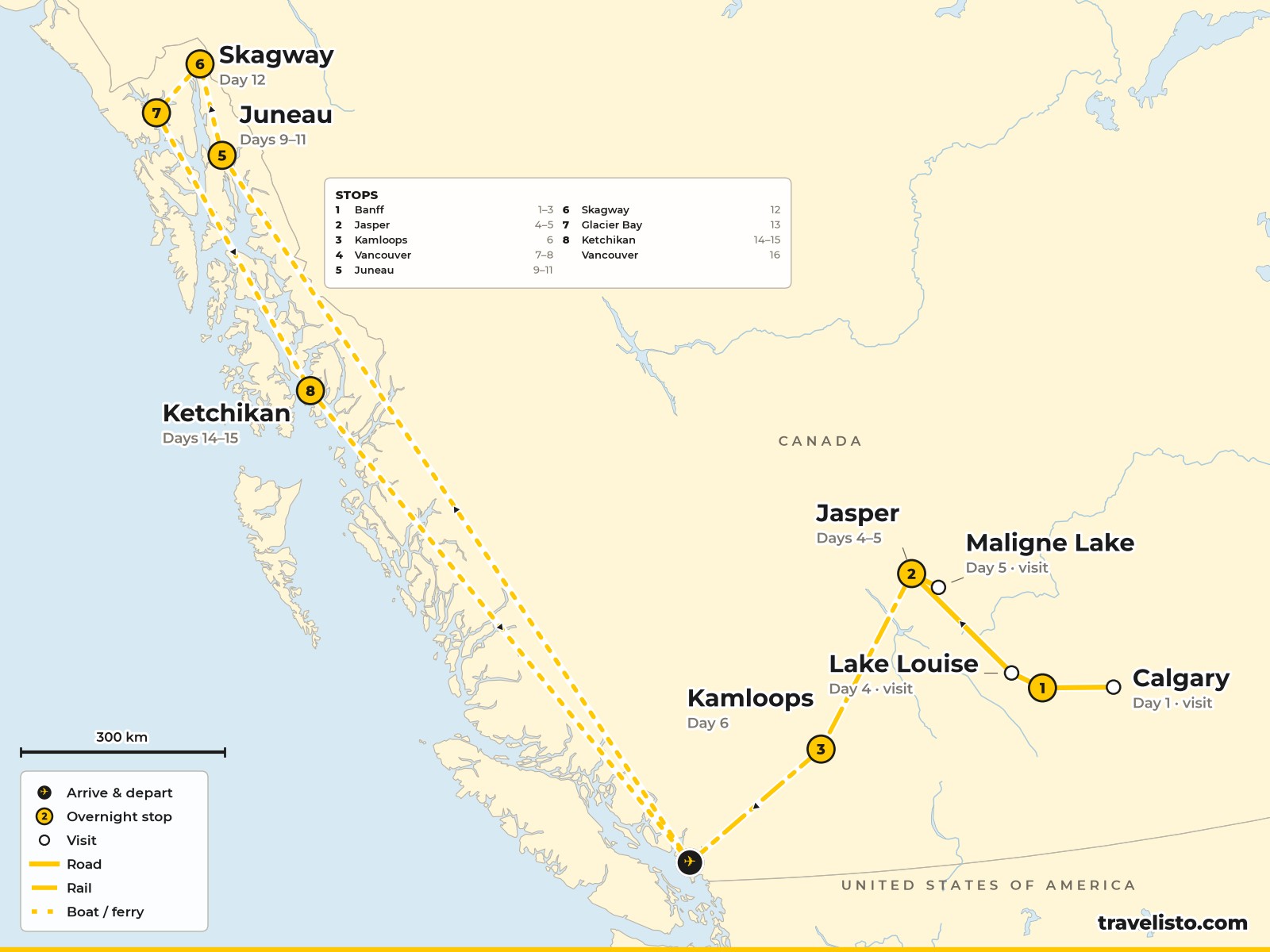 Map of the 17-day route from Calgary to Banff, Jasper, Kamloops and Vancouver, then a cruise to Juneau, Skagway, Glacier Bay and Ketchikan