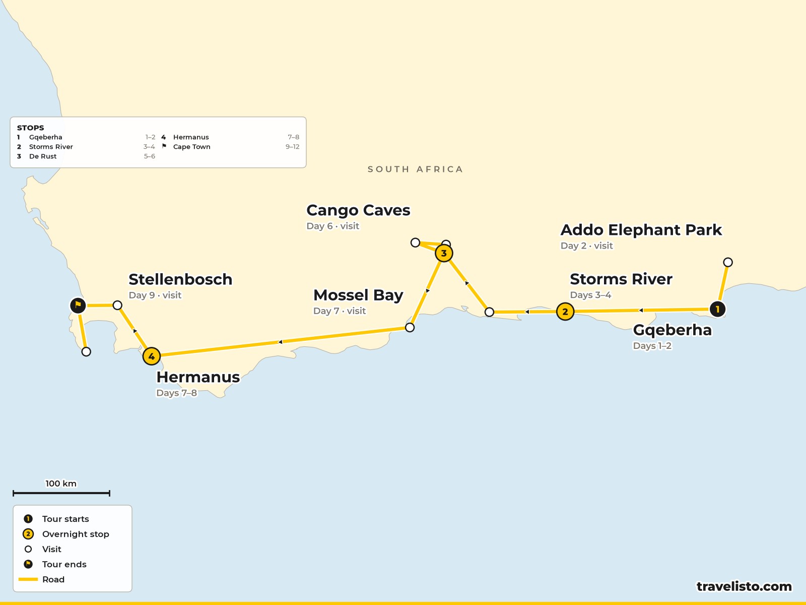 Map of the 12-day route from Port Elizabeth along the Garden Route to Hermanus and Cape Town