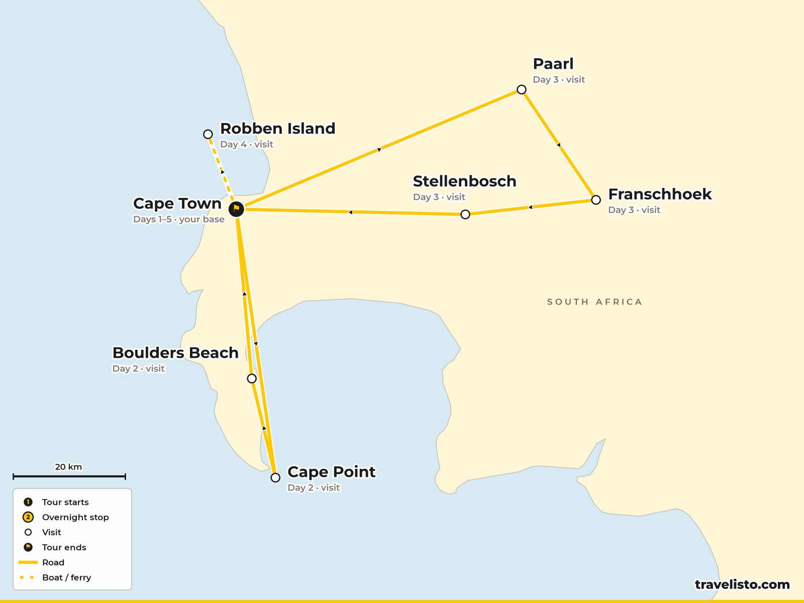 Map of the 5-day tour of Cape Town, the Cape Peninsula and the Cape Winelands