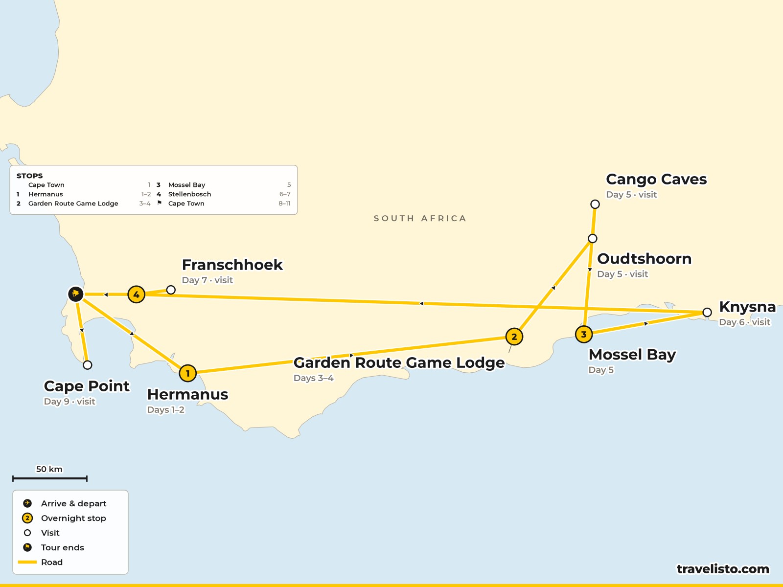 Map of the 12-day route from Cape Town to Hermanus, the Garden Route Game Lodge, Oudtshoorn, Mossel Bay, Knysna, Stellenbosch and back