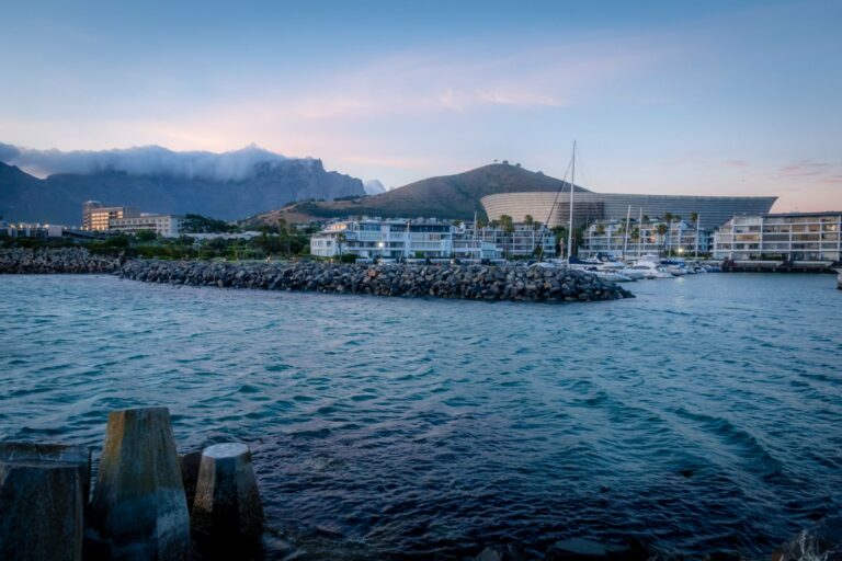 Cape Town's waterfront and Table Mountain at sunset