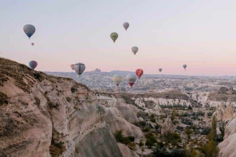 Hot-air balloons over Cappadocia at sunrise, Turkey