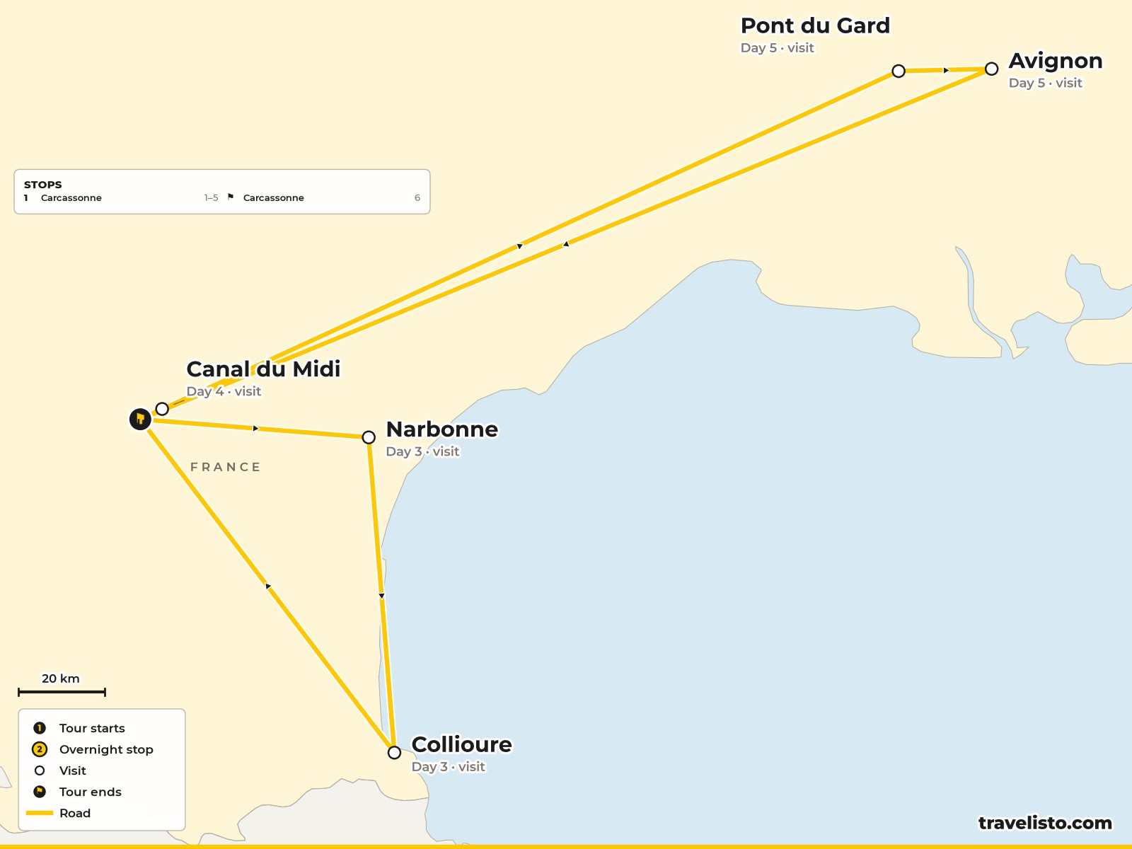 Map of southern France showing Carcassonne, the Canal du Midi, the Pont du Gard and Avignon