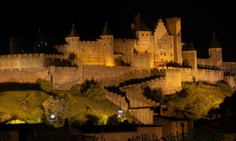 Carcassonne citadel lit up at night