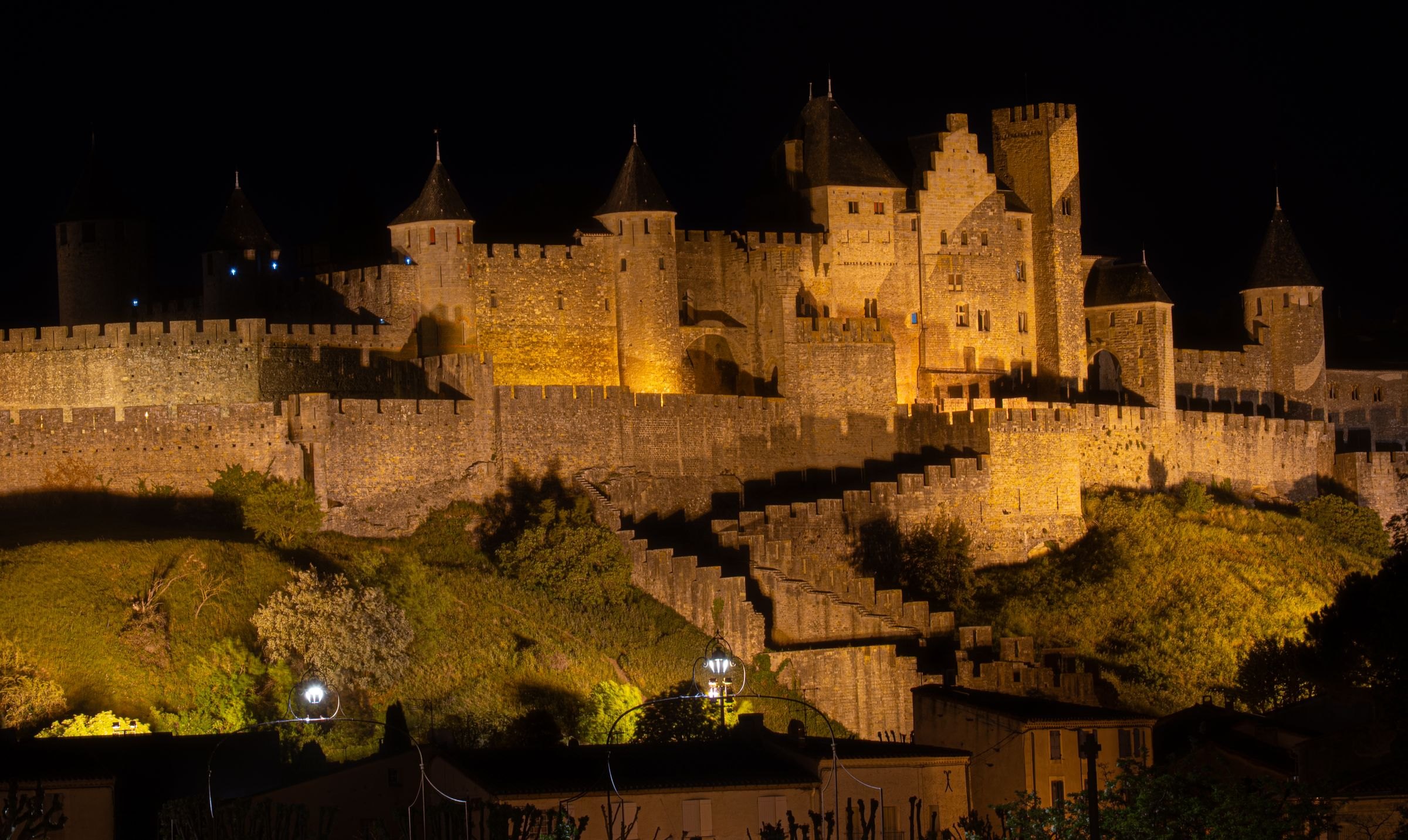 Carcassonne citadel lit up at night