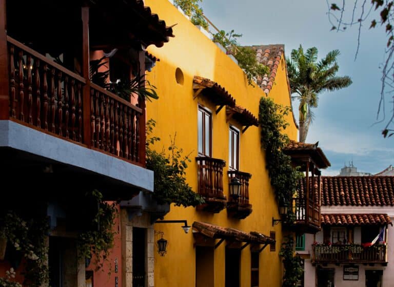 Colourful colonial houses with wooden balconies in Cartagena