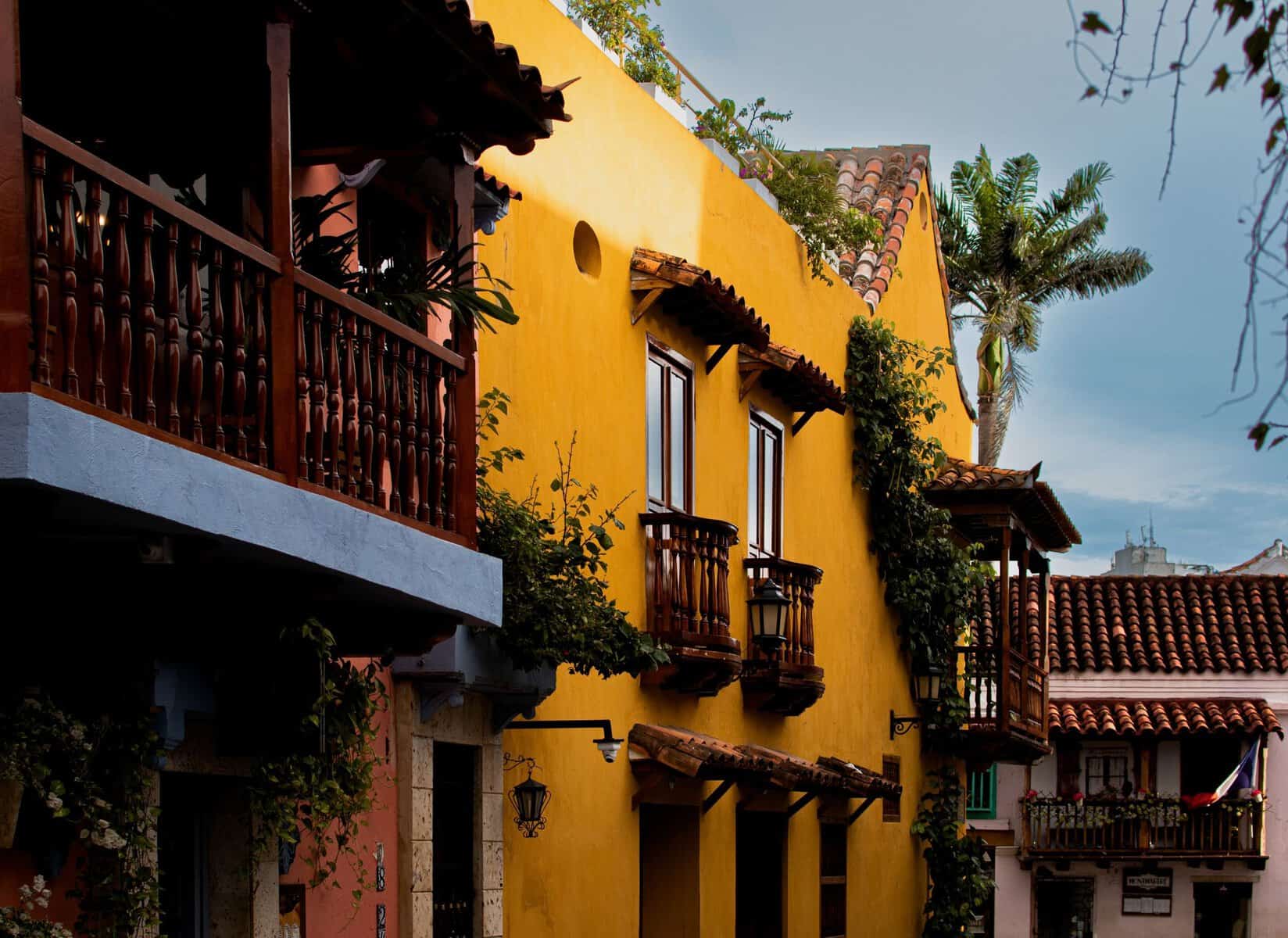 Colourful colonial houses with wooden balconies in Cartagena
