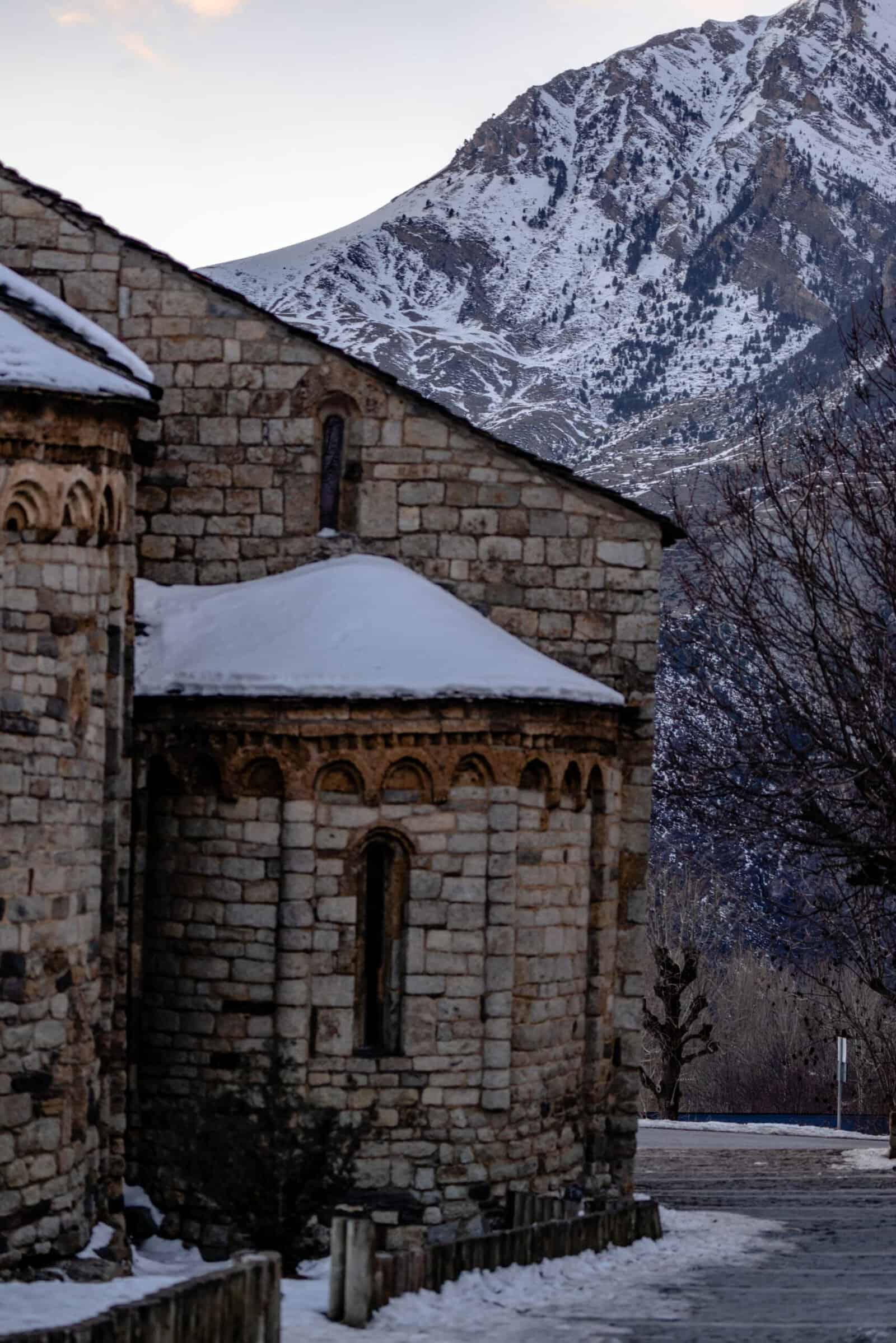A Romanesque church in a snowy Pyrenean valley
