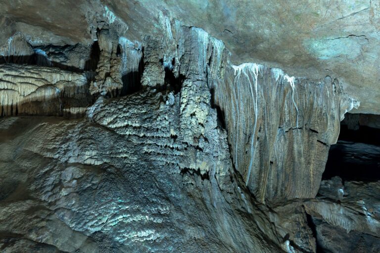 Stalactites and stalagmites inside a cave