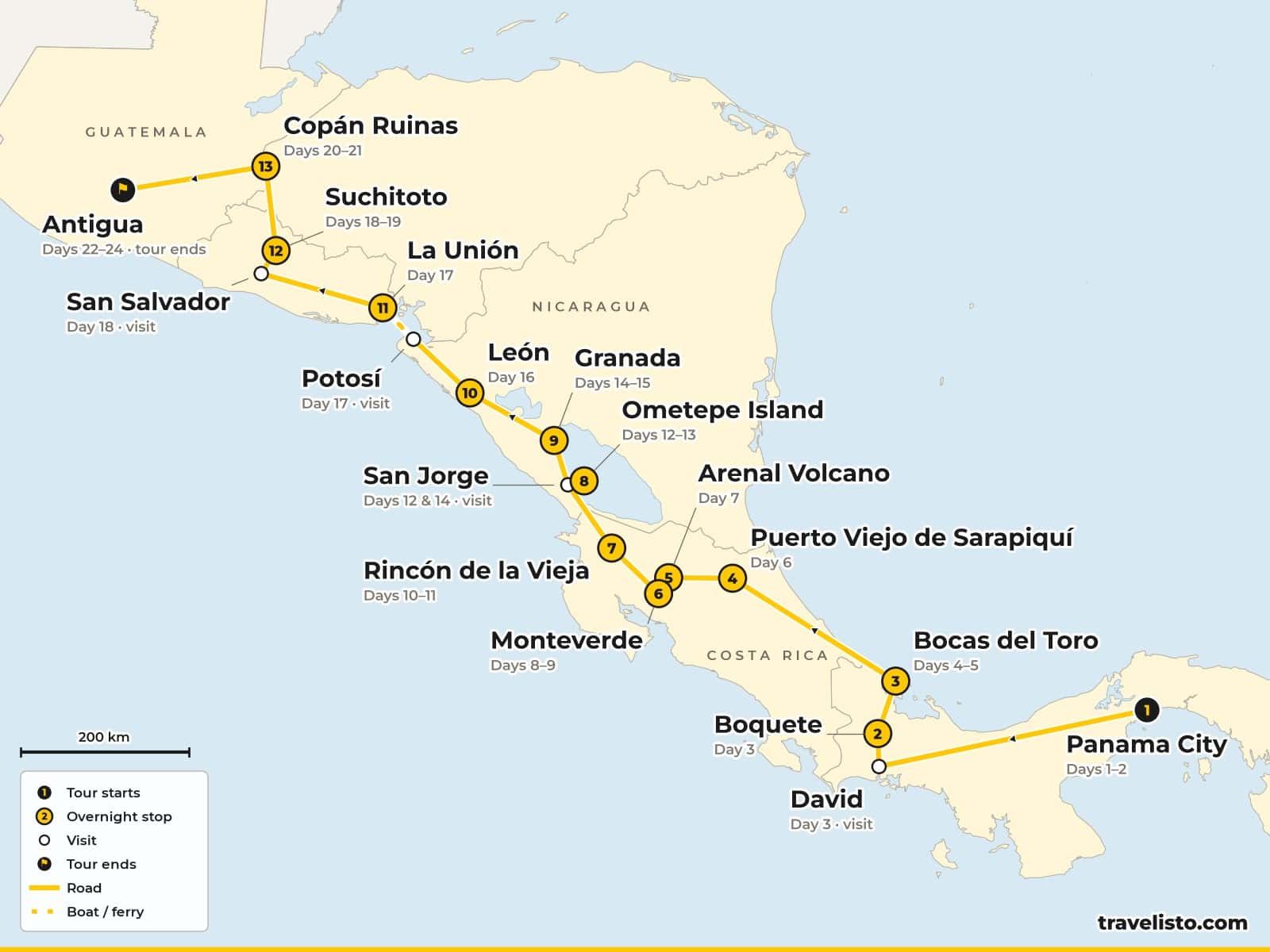 Map of the 25-day overland trip from Panama City to Boquete and Bocas del Toro, through Costa Rica, Nicaragua and El Salvador to Copán in Honduras and Antigua in Guatemala