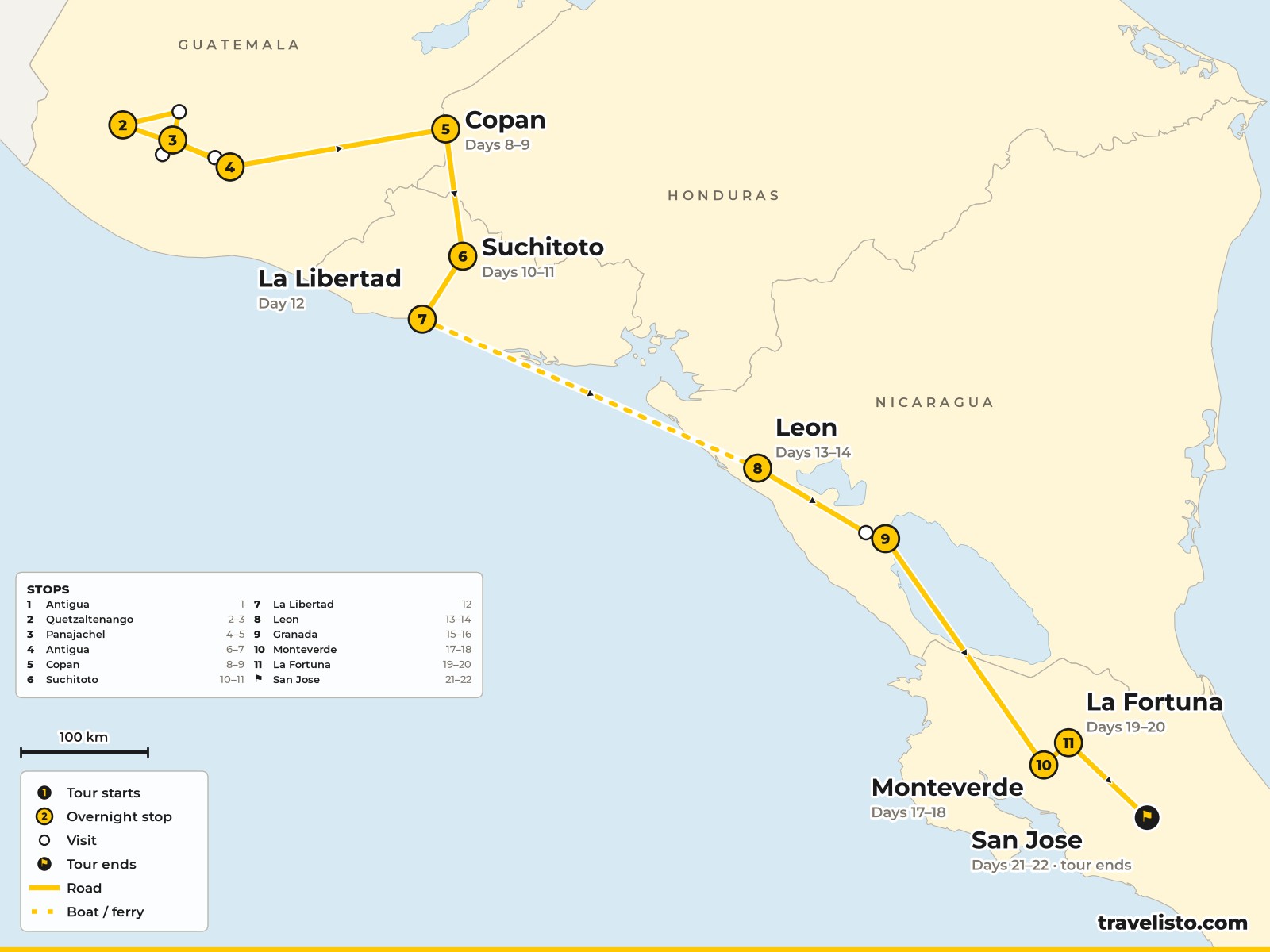 Map of the 22-day route from Antigua through Guatemala, Honduras, El Salvador and Nicaragua to San José
