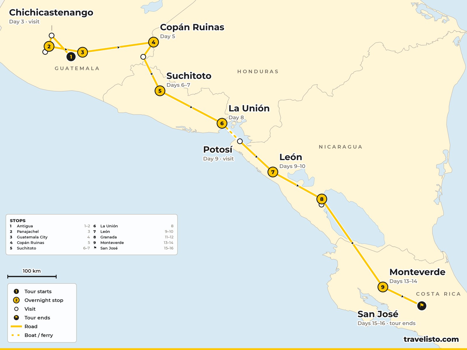 Map of the 16-day route from Antigua to Lake Atitlán, Copán, Suchitoto, León, Granada, Monteverde and San José