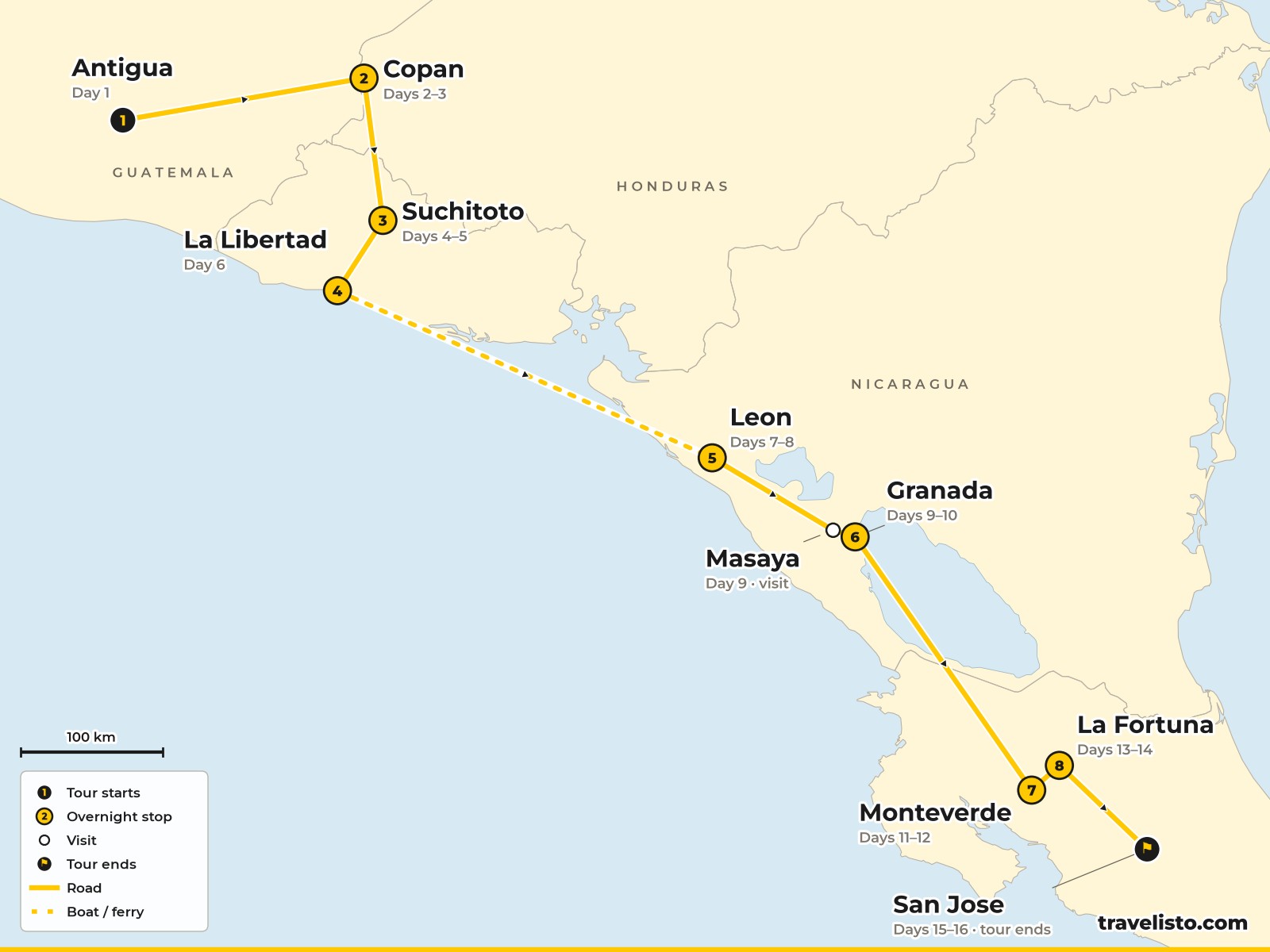 Map of the 16-day route from Antigua through Honduras, El Salvador and Nicaragua to San José