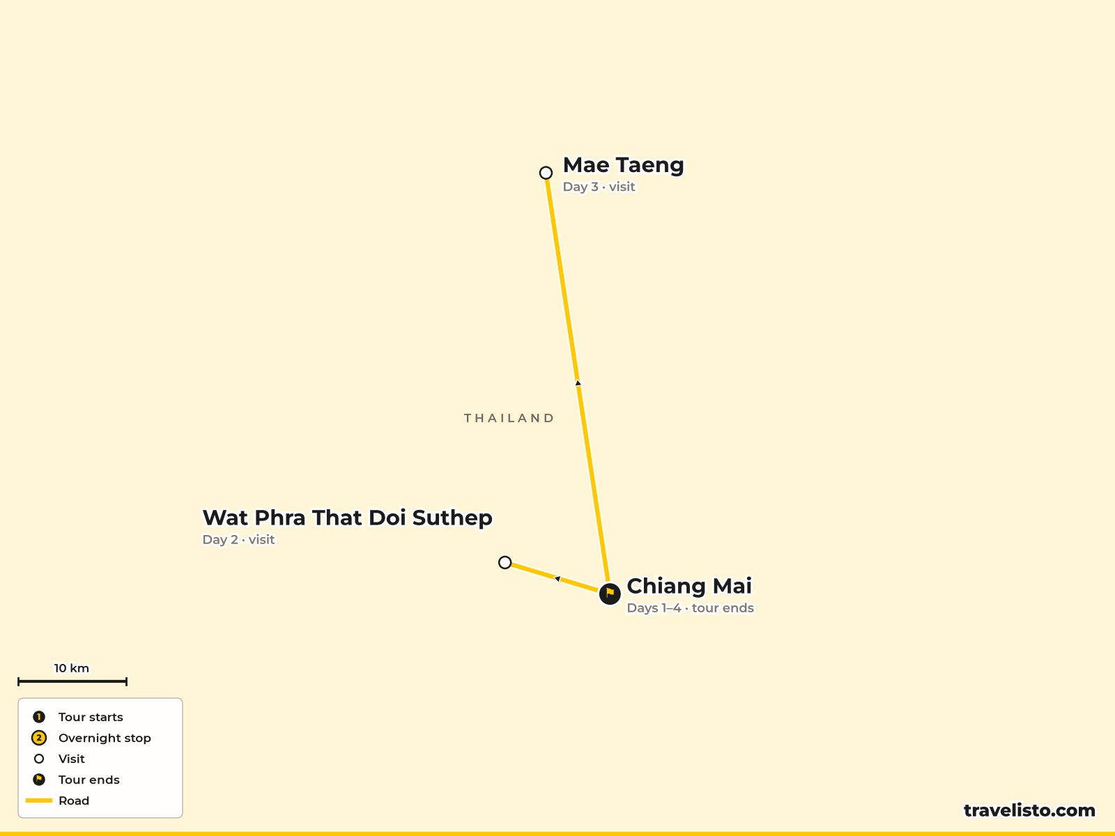 Map of the 4-day Chiang Mai short break with Doi Suthep and the Mae Taeng River