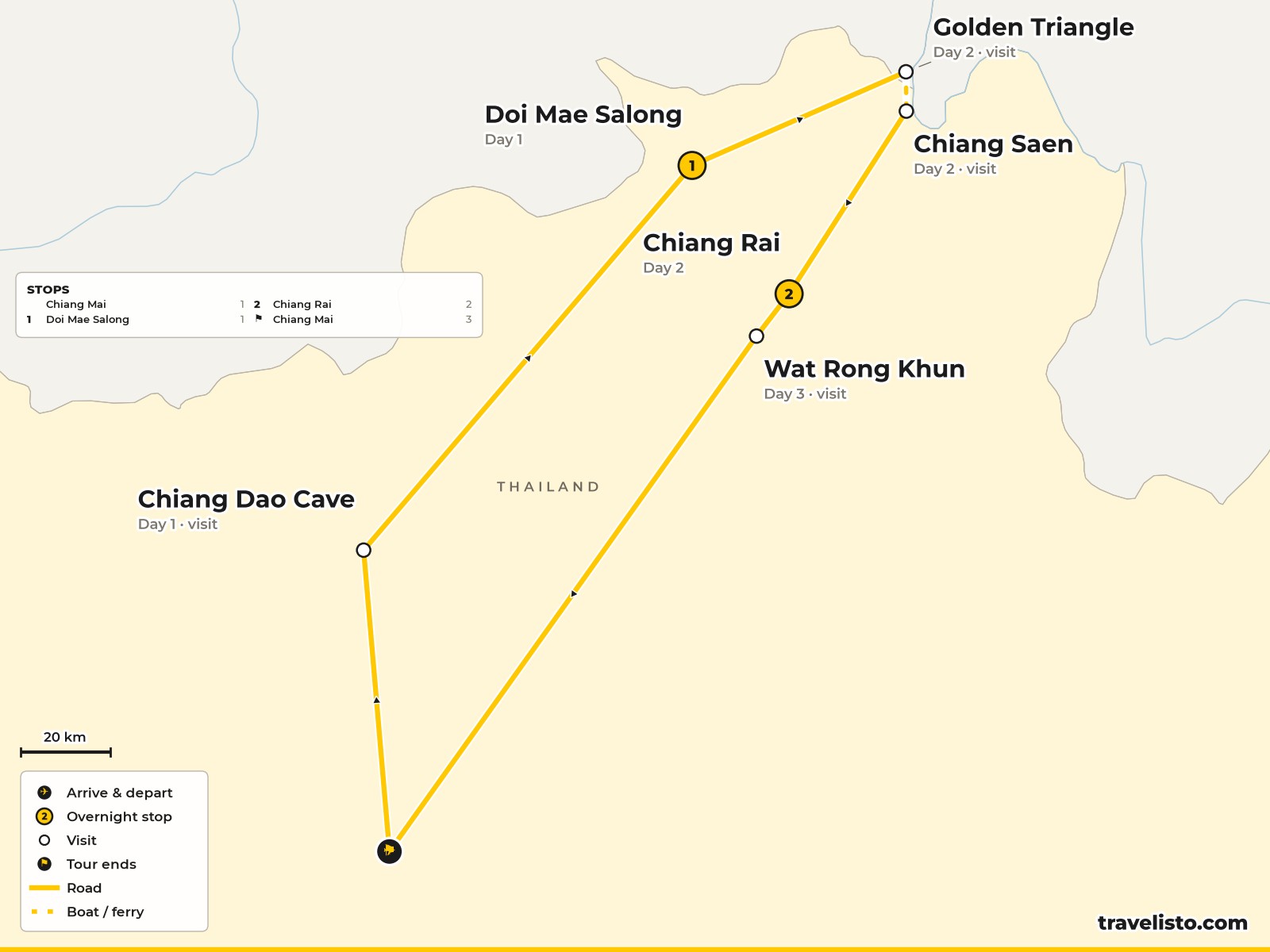 Map of the 3-day trip from Chiang Mai to Doi Mae Salong, the Golden Triangle and Chiang Rai