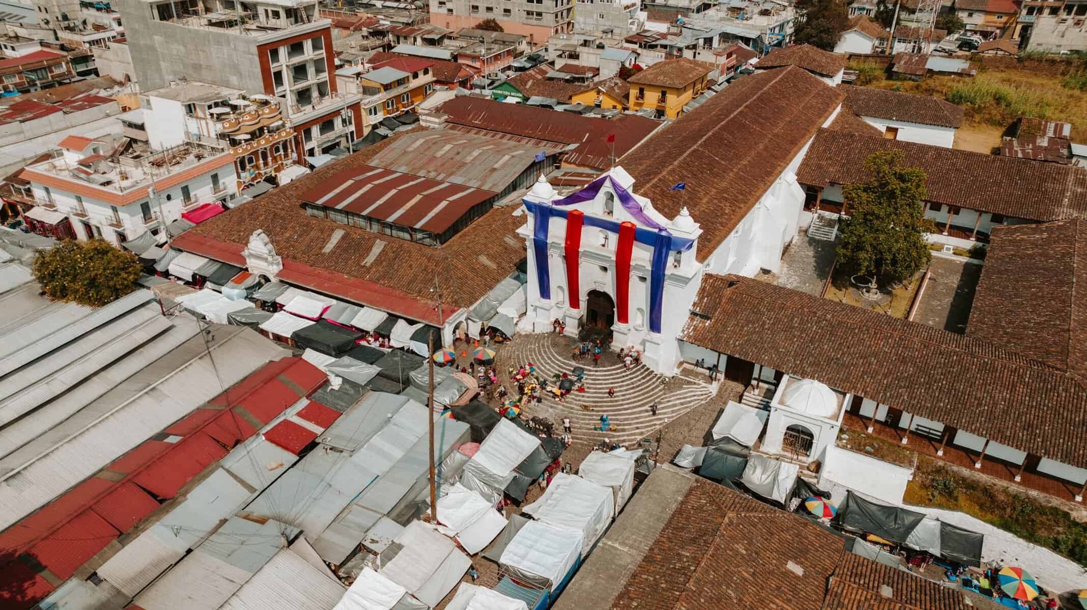 Aerial view of the church and market stalls in Chichicastenango, Guatemala