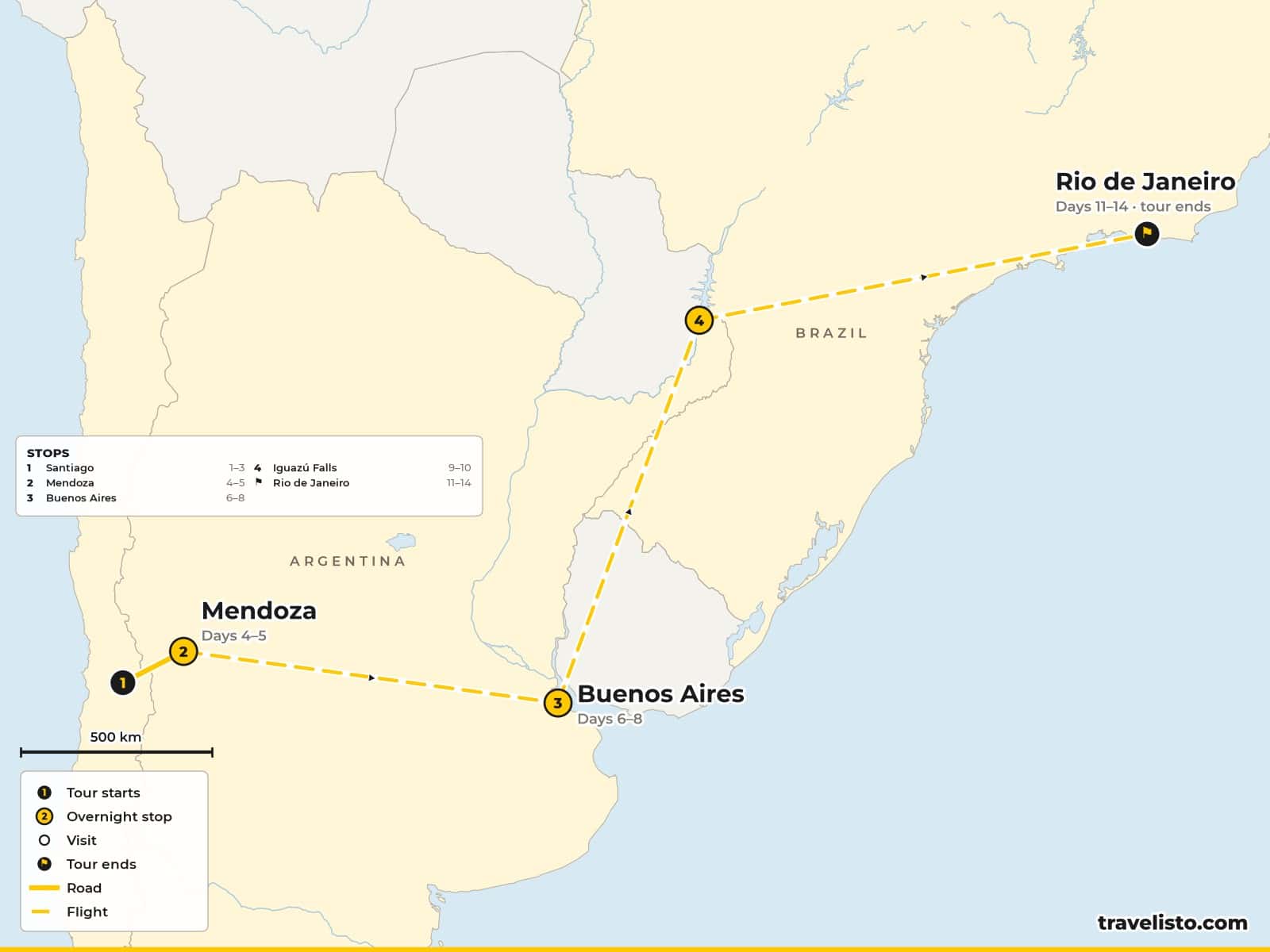 Map of the 14-day tour from Santiago over the Andes to Mendoza, by air to Buenos Aires and Iguazú Falls, then to Rio de Janeiro