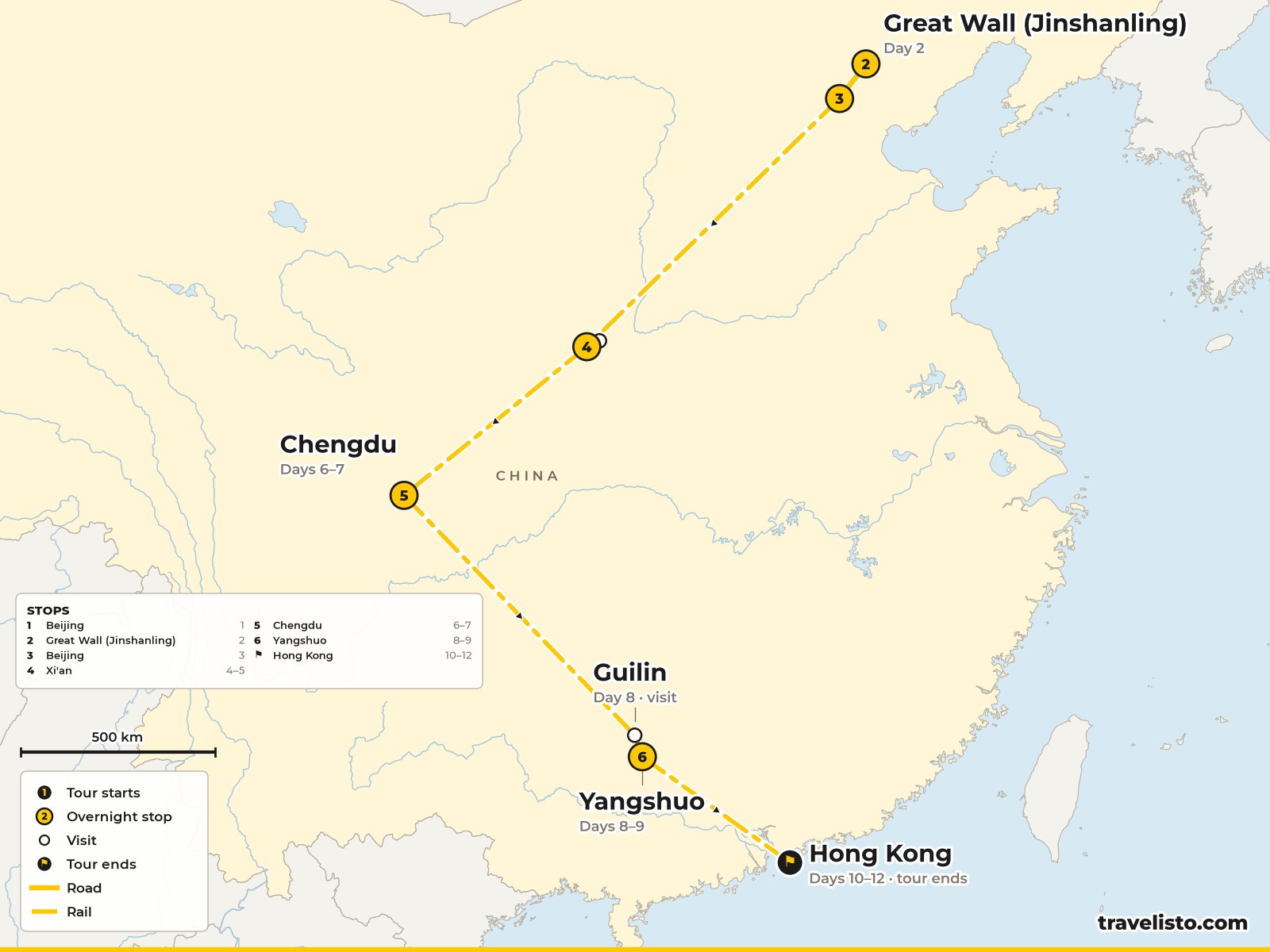 Map of the 12-day family route from Beijing to Xi’an, Chengdu, Yangshuo and Hong Kong