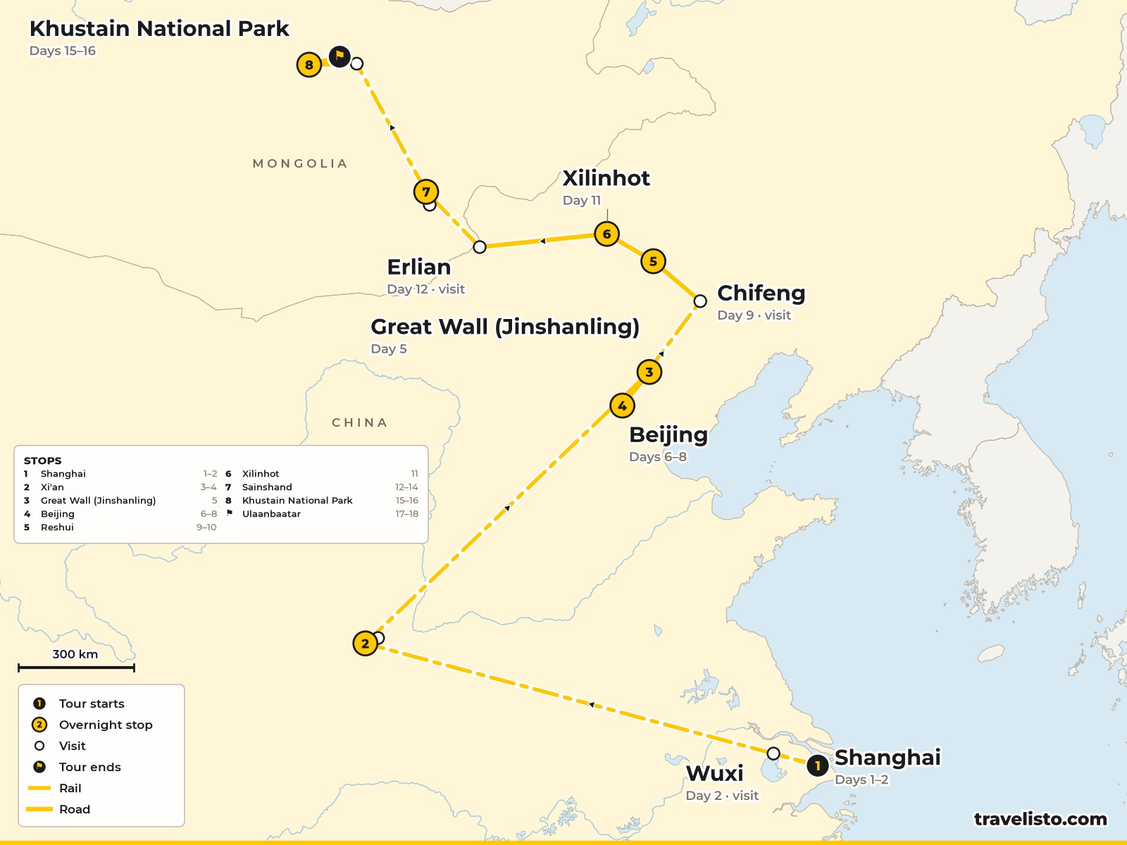 Map of the 18-day rail route from Shanghai to Xi'an, the Great Wall, Beijing, Reshui, Xilinhot, Sainshand, Ulaanbaatar and Khustain