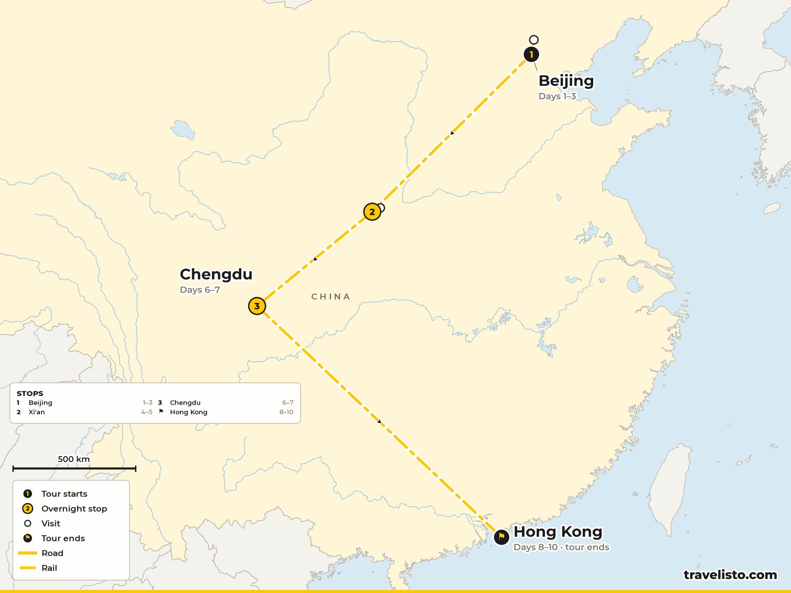 Map of the 10-day route from Beijing to Xi’an, Chengdu and Hong Kong