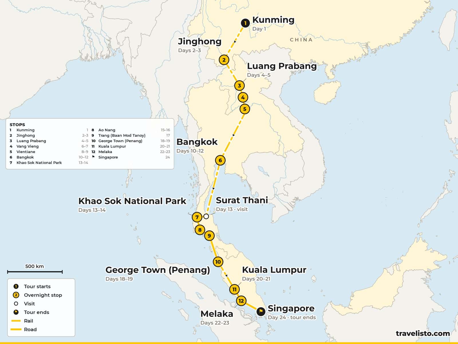 Map of the 25-day overland trip from Kunming to Jinghong, Luang Prabang, Vang Vieng and Vientiane, then Bangkok, Khao Sok, Krabi, Penang, Kuala Lumpur, Melaka and Singapore