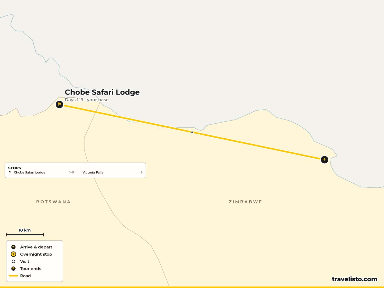 Map of the 10-day safari holiday flying to Victoria Falls, with a week based at Chobe Safari Lodge on the Chobe River