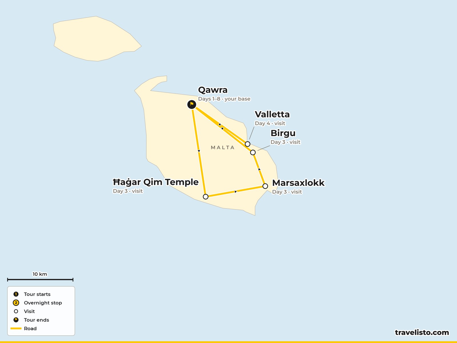 Map of the 8-day Christmas holiday based in Qawra, with tours to the Three Cities and Valletta