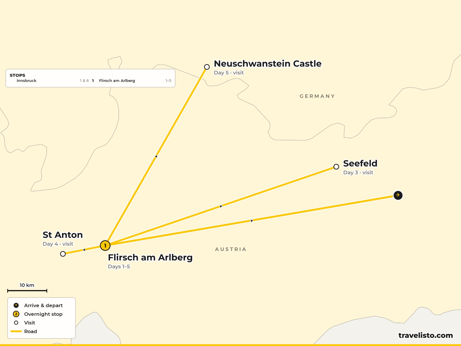 Map of the 6-day Christmas holiday based in Flirsch am Arlberg, with trips to Innsbruck and St Anton