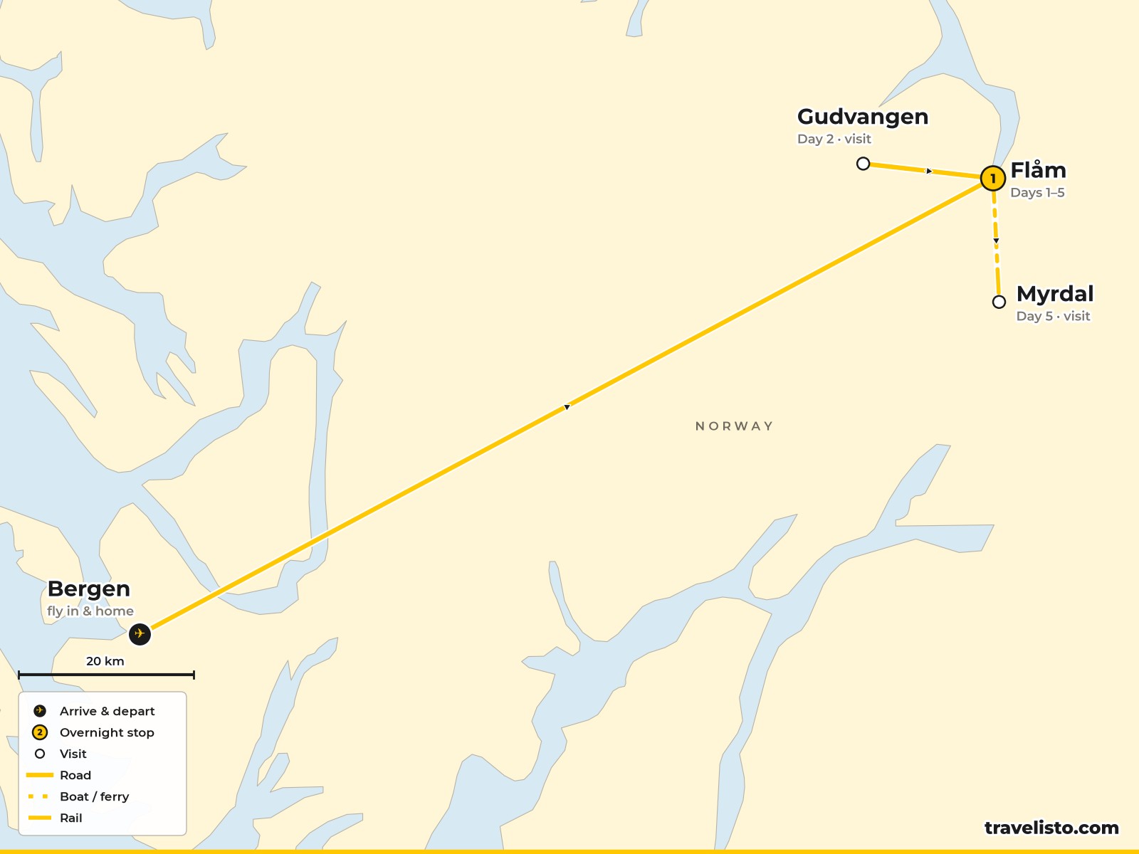 Map of the 6-day Christmas holiday from Bergen to Flåm and Gudvangen