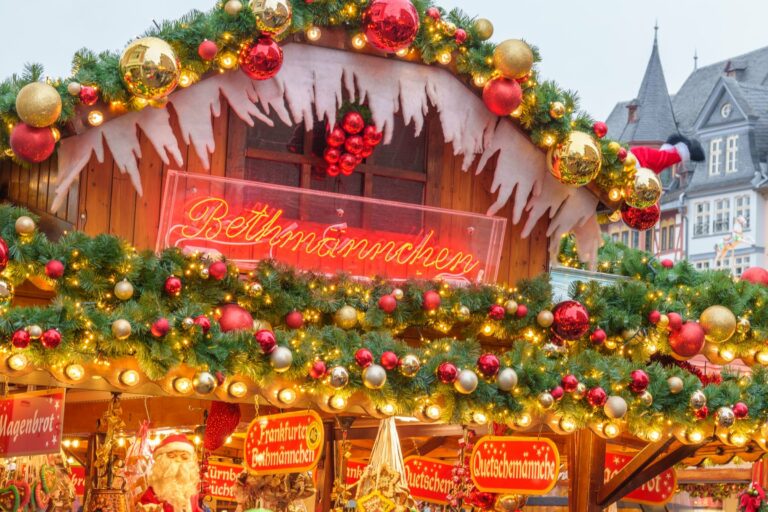 A festively decorated Christmas market stall