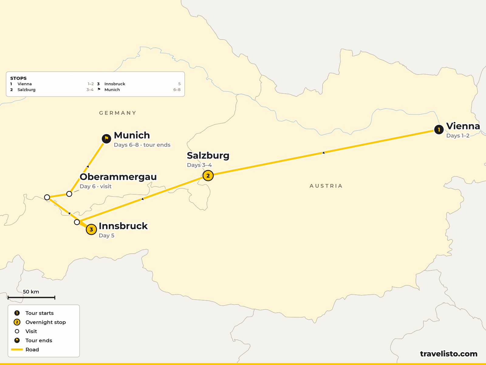 Map of the 8-day tour from Vienna to Salzburg, Innsbruck, Neuschwanstein and Munich