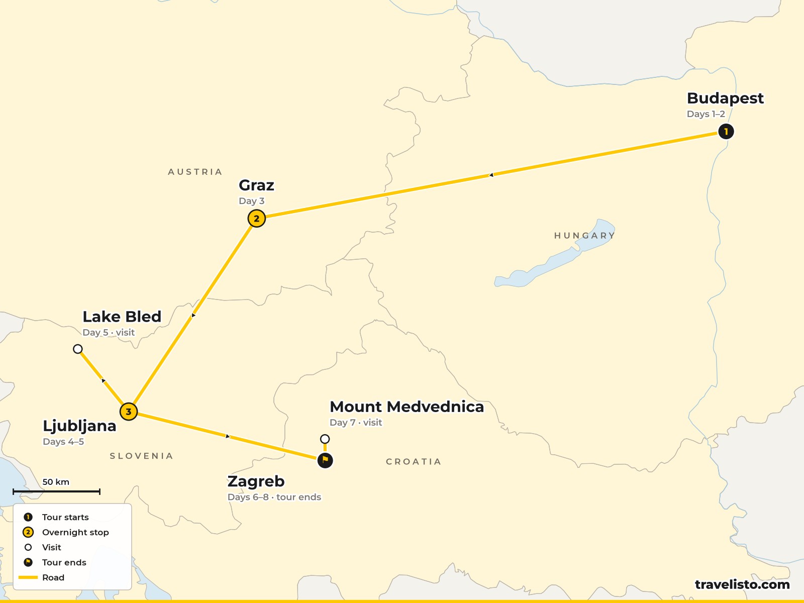 Map of the 8-day train trip from Budapest to Graz, Ljubljana, Lake Bled and Zagreb