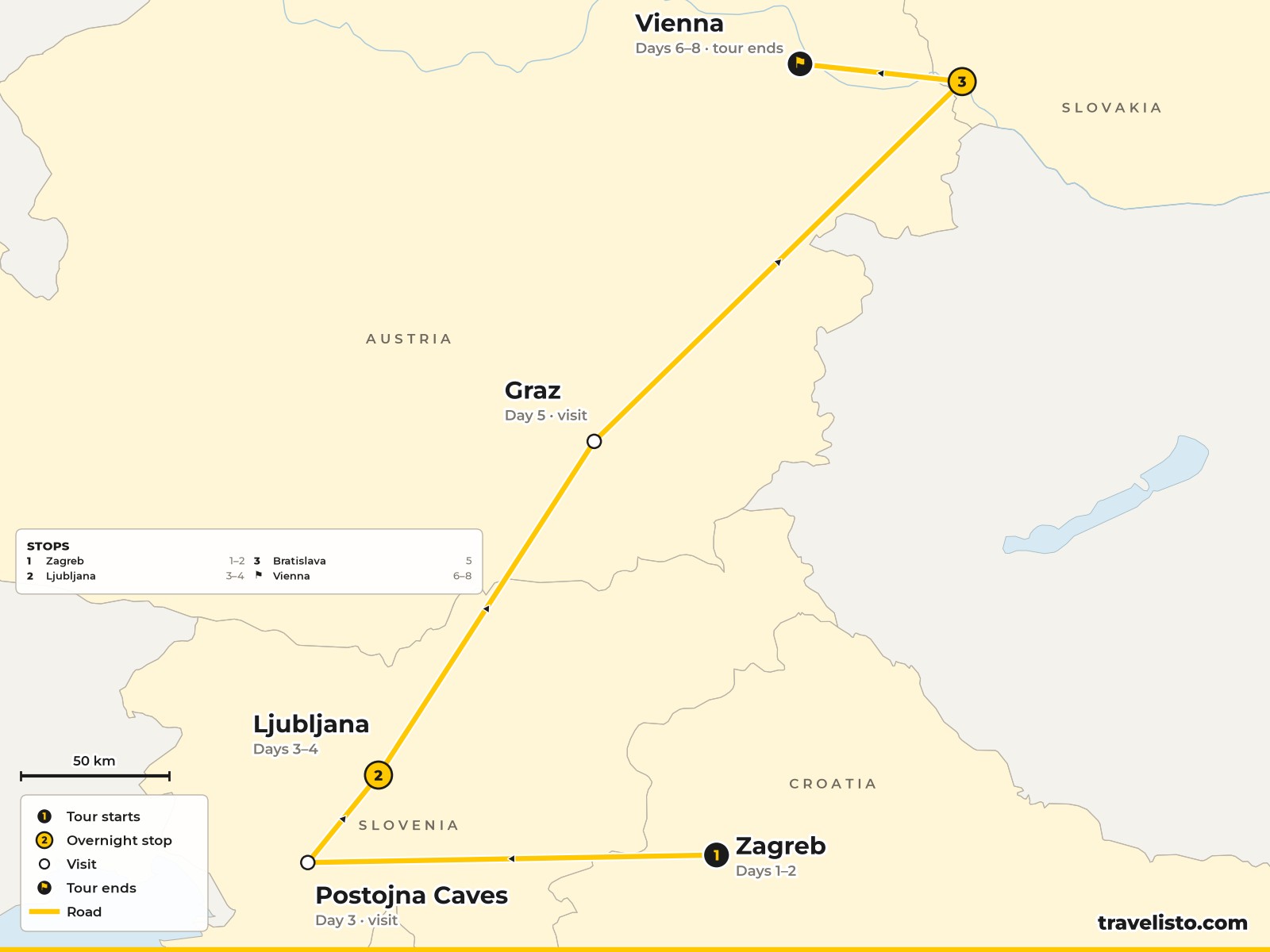 Map of the 8-day tour from Zagreb to Postojna, Ljubljana, Graz, Bratislava and Vienna