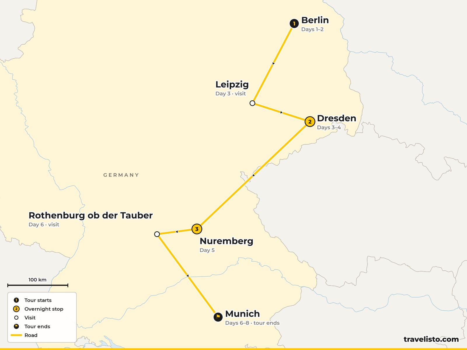 Map of the 8-day tour from Berlin to Leipzig, Dresden, Nuremberg, Rothenburg and Munich