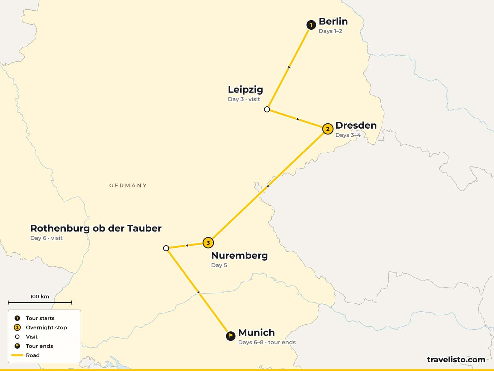 Map of the 8-day Christmas markets tour from Berlin via Leipzig, Dresden, Nuremberg and Rothenburg to Munich