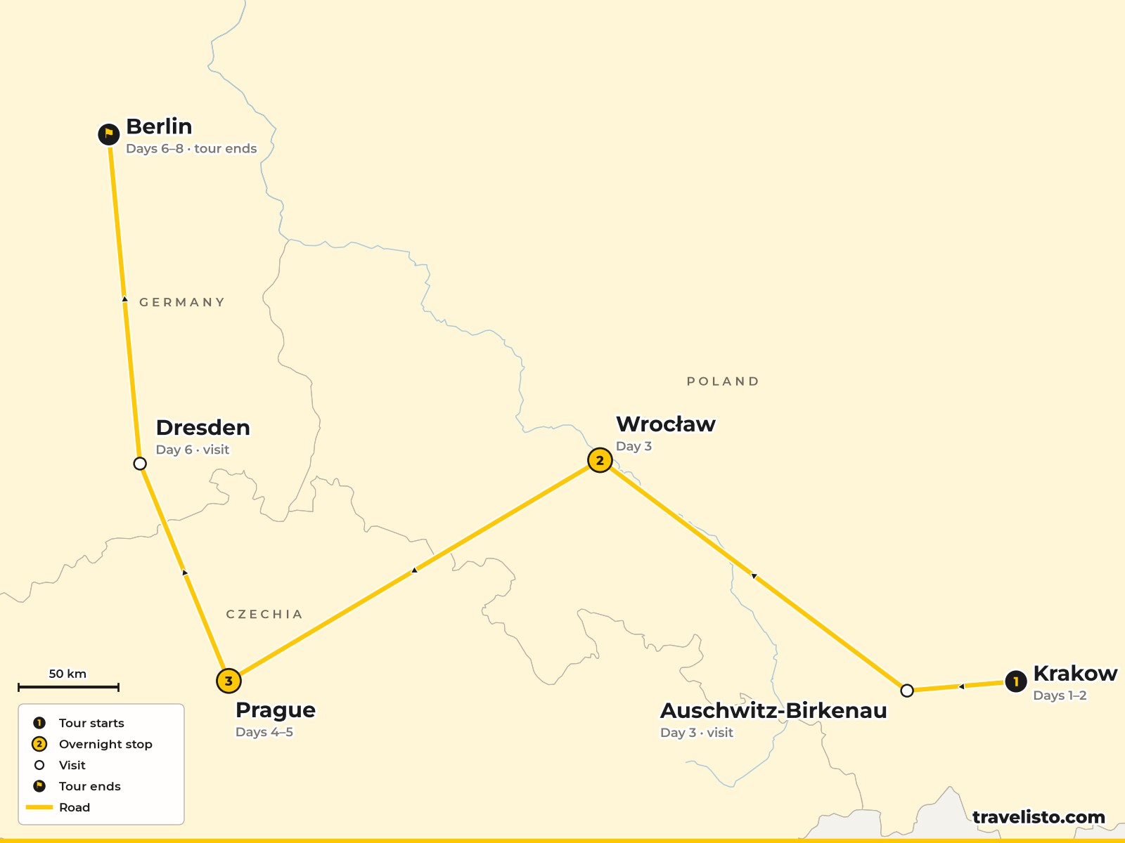 Map of the 8-day tour from Kraków to Wrocław, Prague, Dresden and Berlin