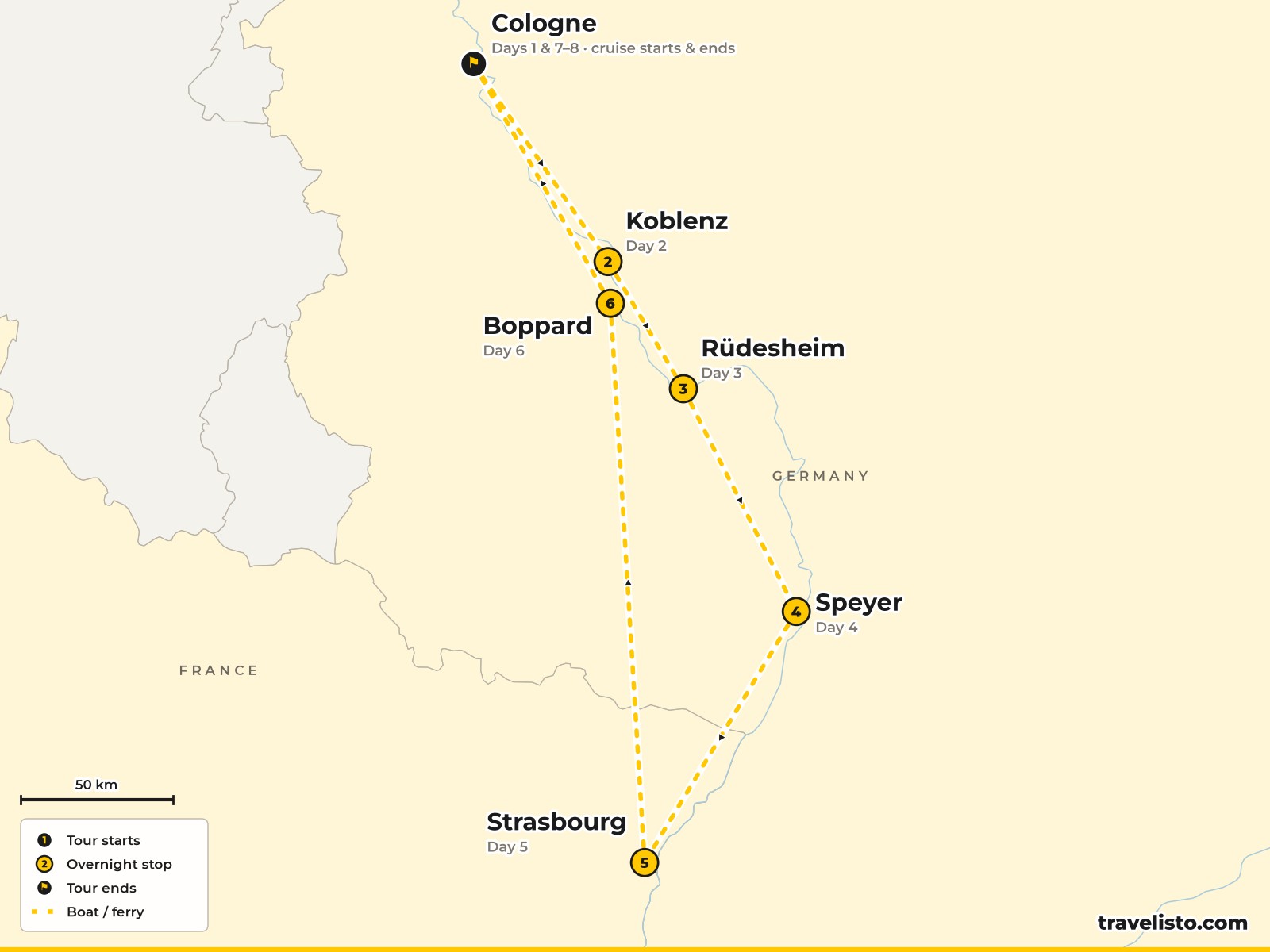 Map of the 8-day Christmas cruise from Cologne to Koblenz, Rüdesheim, Speyer, Strasbourg and Boppard