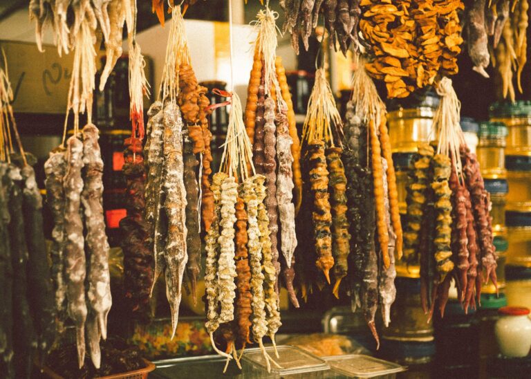 Churchkhela sweets hanging at a market
