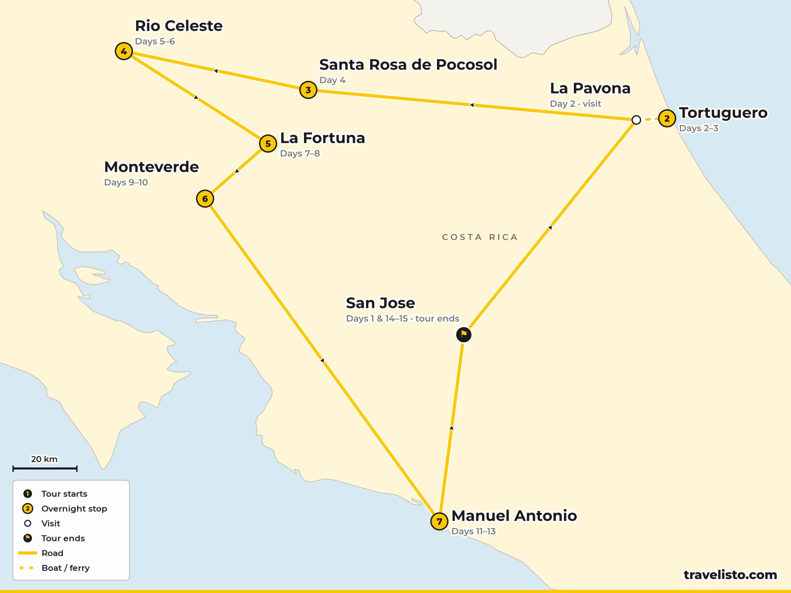 Map of the 15-day route from San José to Tortuguero, Arenal, Monteverde and Manuel Antonio