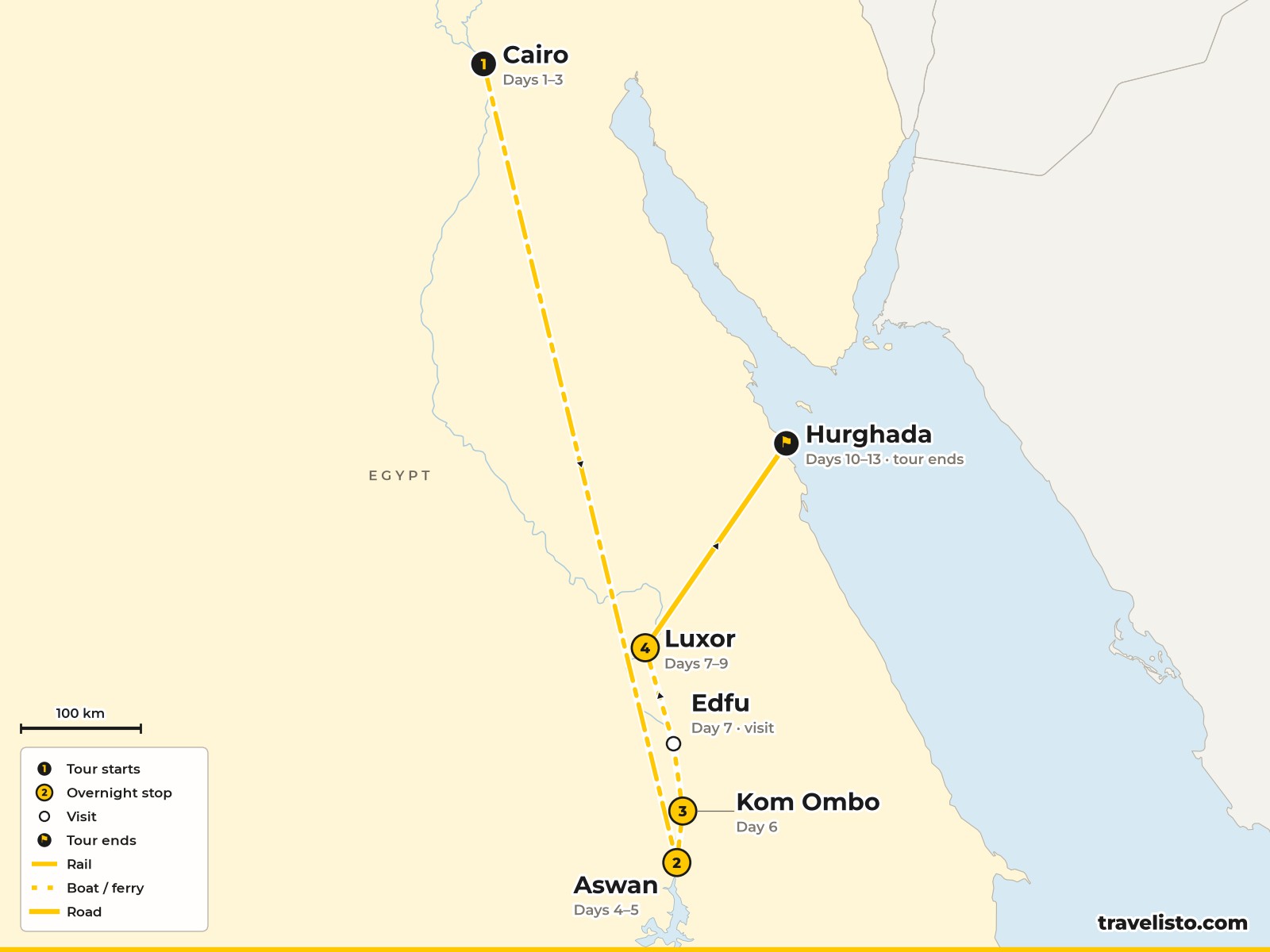 Map of the 13-day route from Cairo to Aswan, along the Nile to Luxor and on to Hurghada