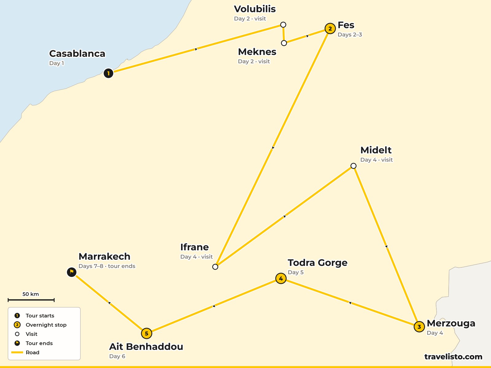 Map of the 8-day route from Casablanca to Volubilis, Fes, Merzouga, the Todra Gorge, Ait Benhaddou and Marrakech