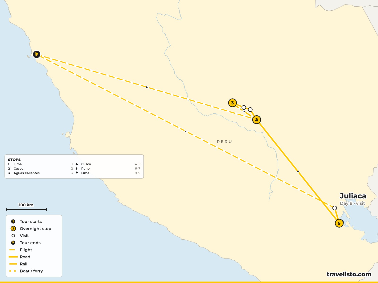 Map of the 9-day route from Lima to Cusco, the Sacred Valley, Machu Picchu, Puno and Lake Titicaca