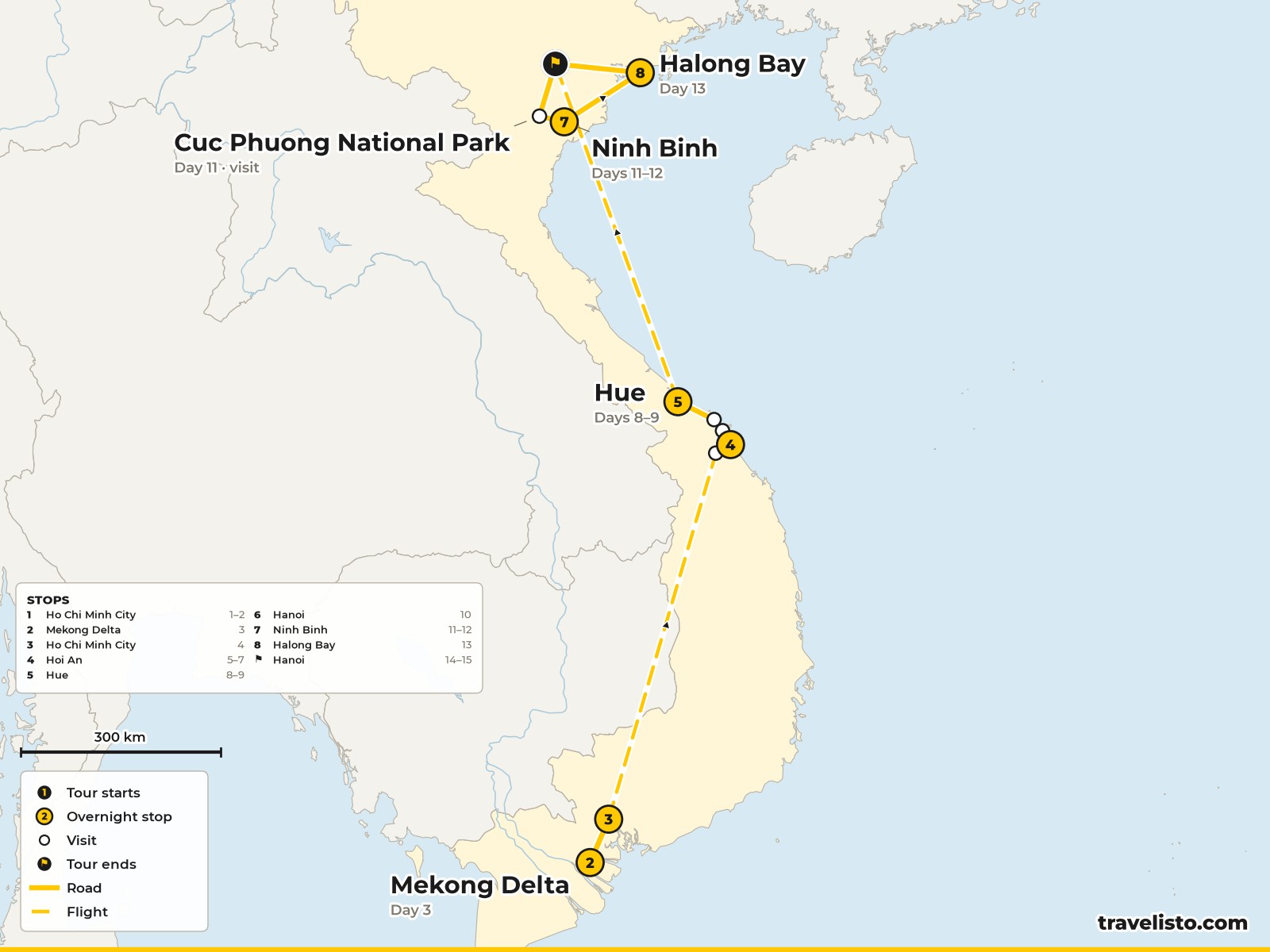 Map of the 15-day route from Ho Chi Minh City to the Mekong, Hoi An, Hue, Hanoi, Ninh Binh and Ha Long Bay