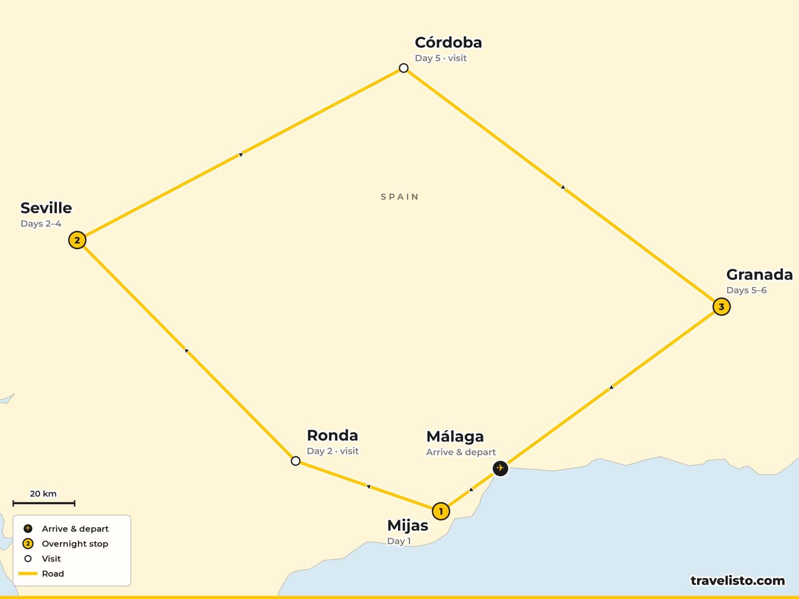 Map of the 7-day tour from Málaga via Mijas and Ronda to Seville, Córdoba and Granada