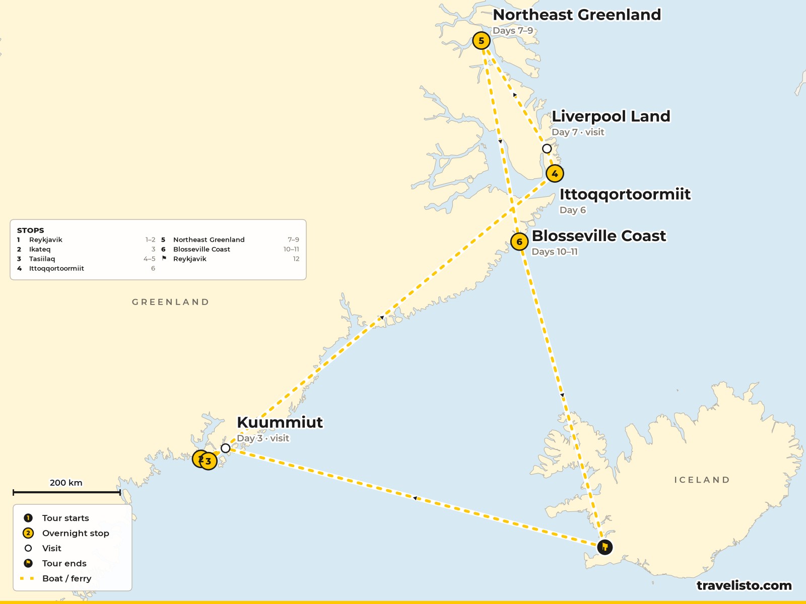 Map of the 12-day cruise from Reykjavik to East Greenland and Northeast Greenland National Park