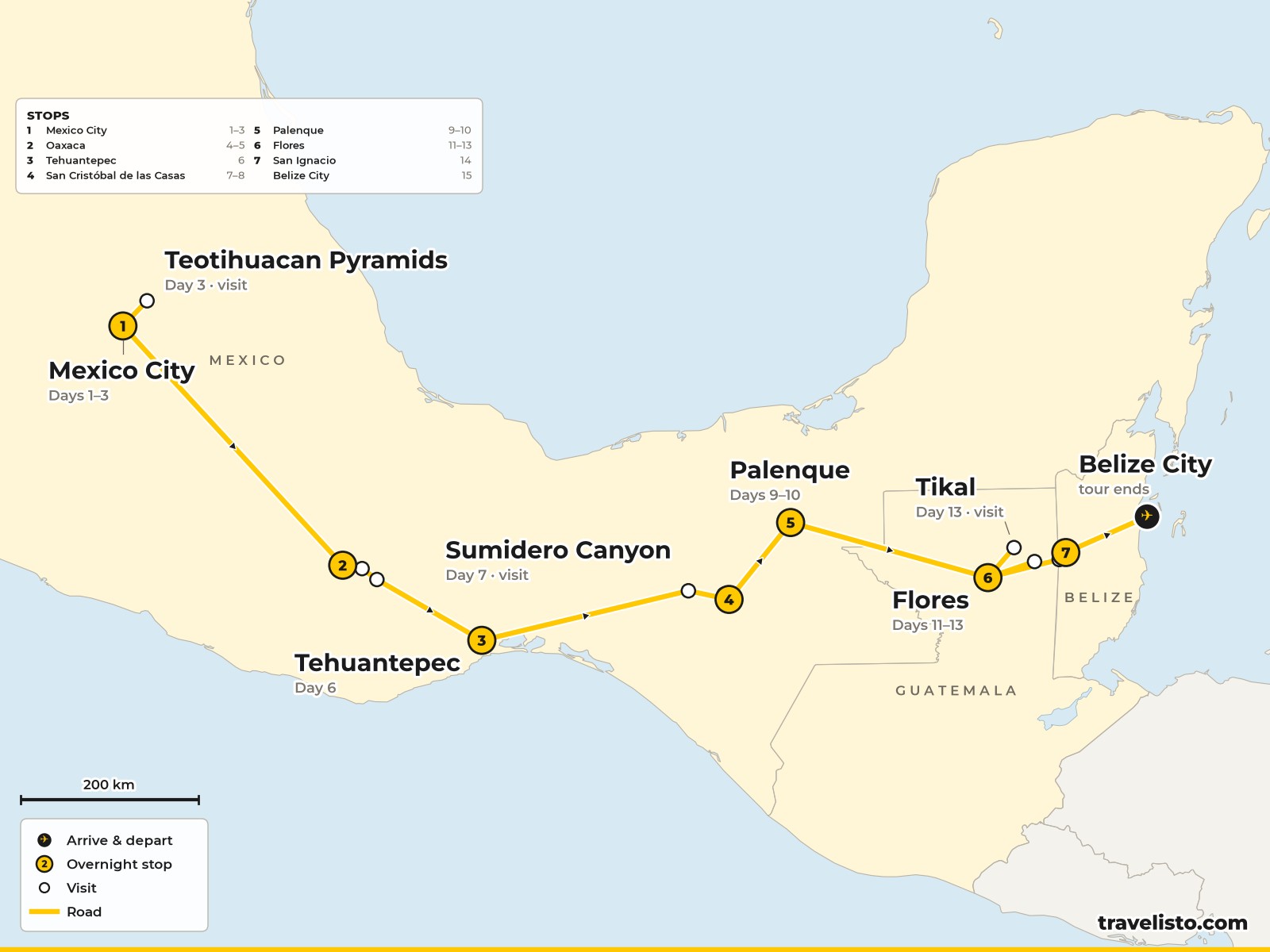 Map of the 15-day route from Mexico City to Oaxaca, San Cristóbal, Palenque, Flores and Tikal in Guatemala, and San Ignacio in Belize