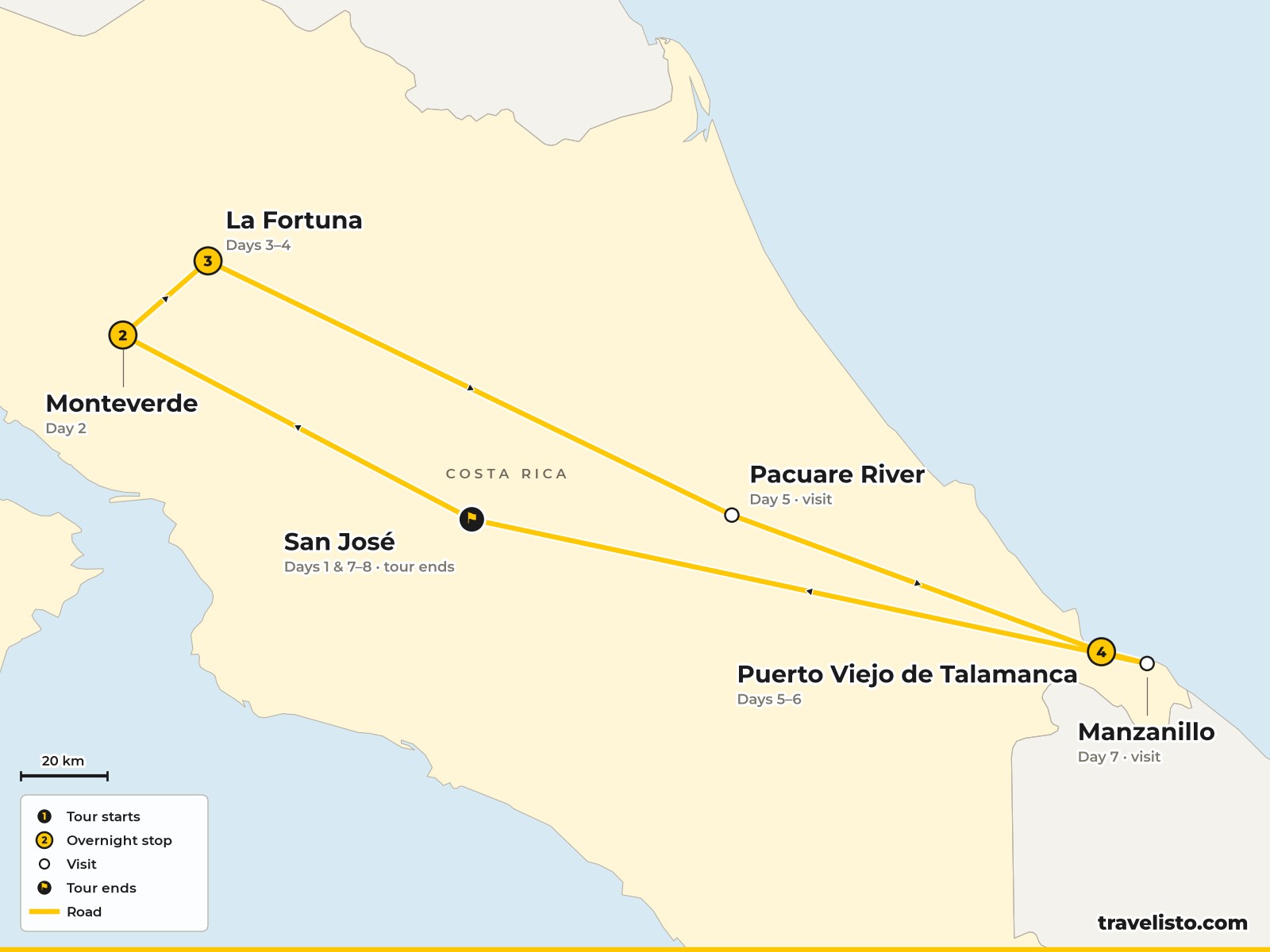 Map of the 8-day route from San José to Monteverde, La Fortuna, the Pacuare River and Puerto Viejo