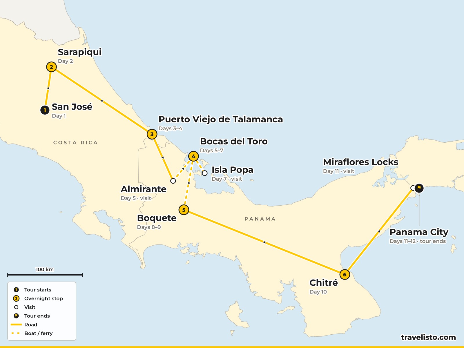 Map of the 12-day route from San José to Sarapiquí, Puerto Viejo, Bocas del Toro, Boquete, Chitré and Panama City