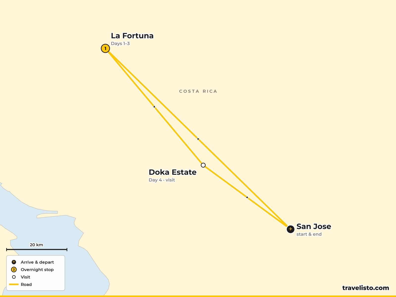 Map of the 4-day short break from San José to La Fortuna and Arenal