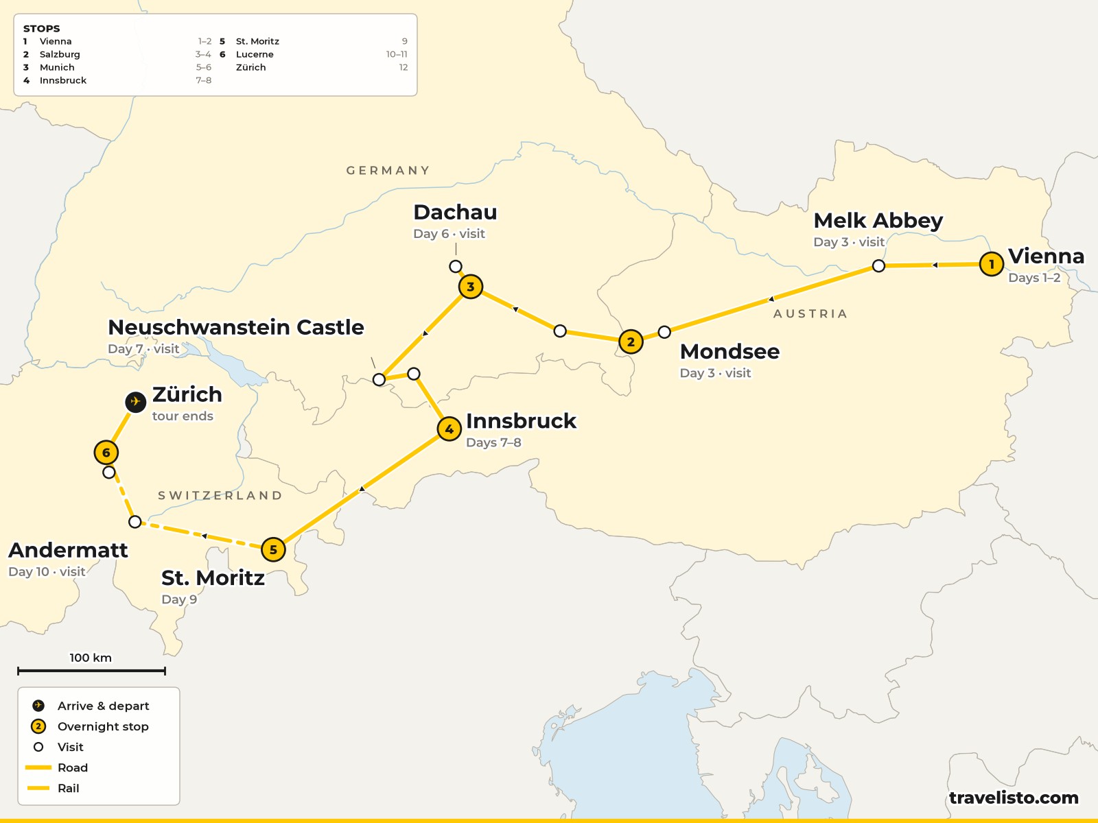 Map of the 12-day tour from Vienna to Salzburg, Munich, Innsbruck, St Moritz and Lucerne